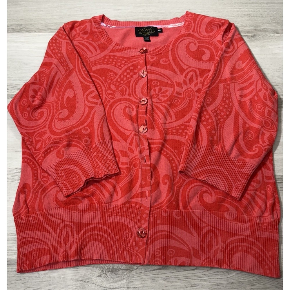Icelandic Design Cardigan Sweater XXL Red Paisley Button Front Knit AS IS